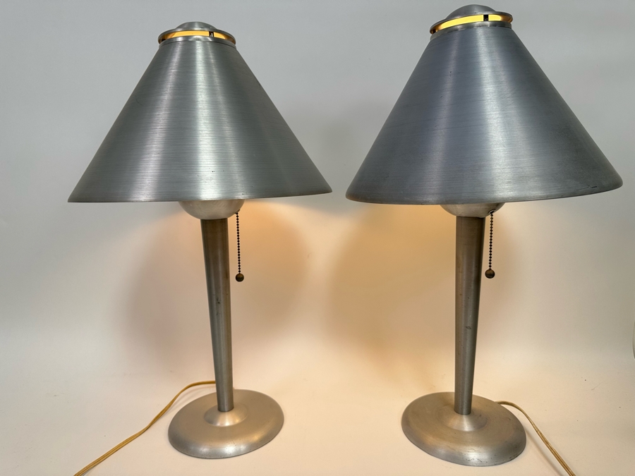 Vintage Art Deco Machine Age Soundrite Brushed Aluminum Desk Lamps Of Holyoke Mass, A Pair 13.5W X 24H [Photo 12]