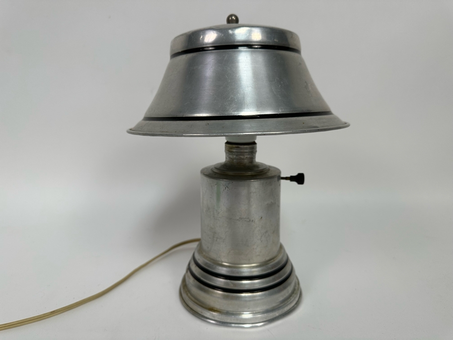 Vintage Art Deco Machine Age Brushed Aluminum Table Lamp 9W X 11H [Photo 3]