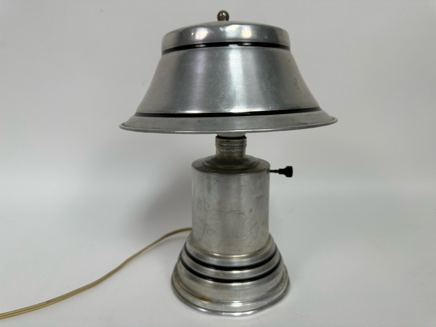 Vintage Art Deco Machine Age Brushed Aluminum Table Lamp 9W X 11H [Photo 2]
