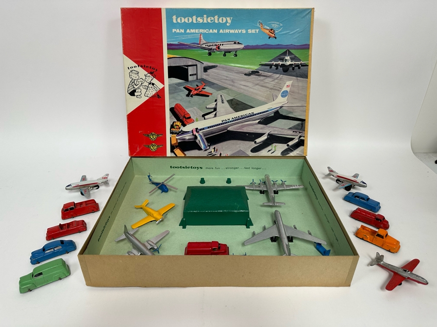 Vintage TootsieToy Pan American Airways Set With Box (See Photos) Plus TootsieToy Metal Cars And Pair Of TWA Friction Toys Planes [Photo 2]