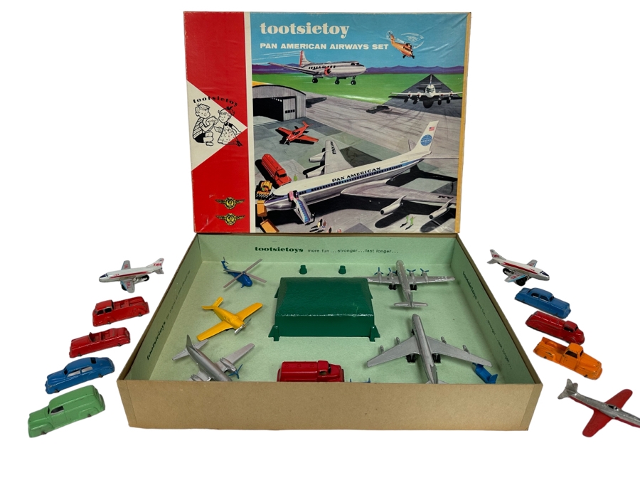 Vintage TootsieToy Pan American Airways Set With Box (See Photos) Plus TootsieToy Metal Cars And Pair Of TWA Friction Toys Planes