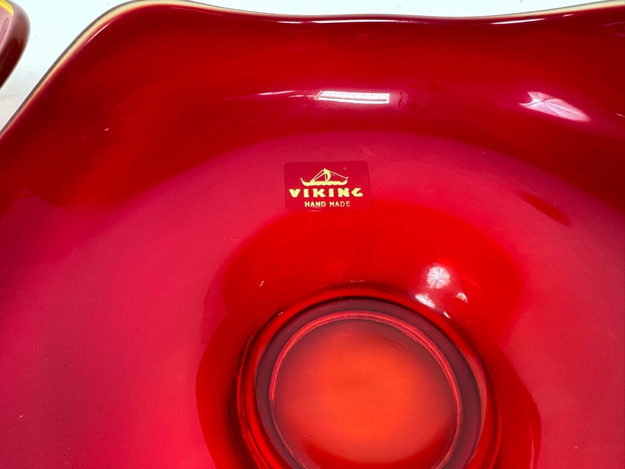 Pair Of Vintage Red Viking Glass Bowls 8W And 6.5W [Photo 10]