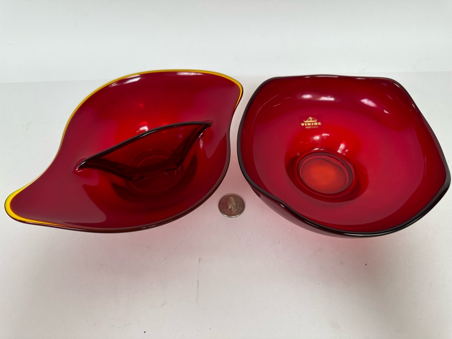 Pair Of Vintage Red Viking Glass Bowls 8W And 6.5W [Photo 3]