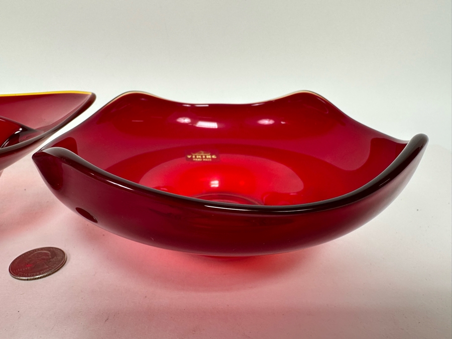 Pair Of Vintage Red Viking Glass Bowls 8W And 6.5W [Photo 8]