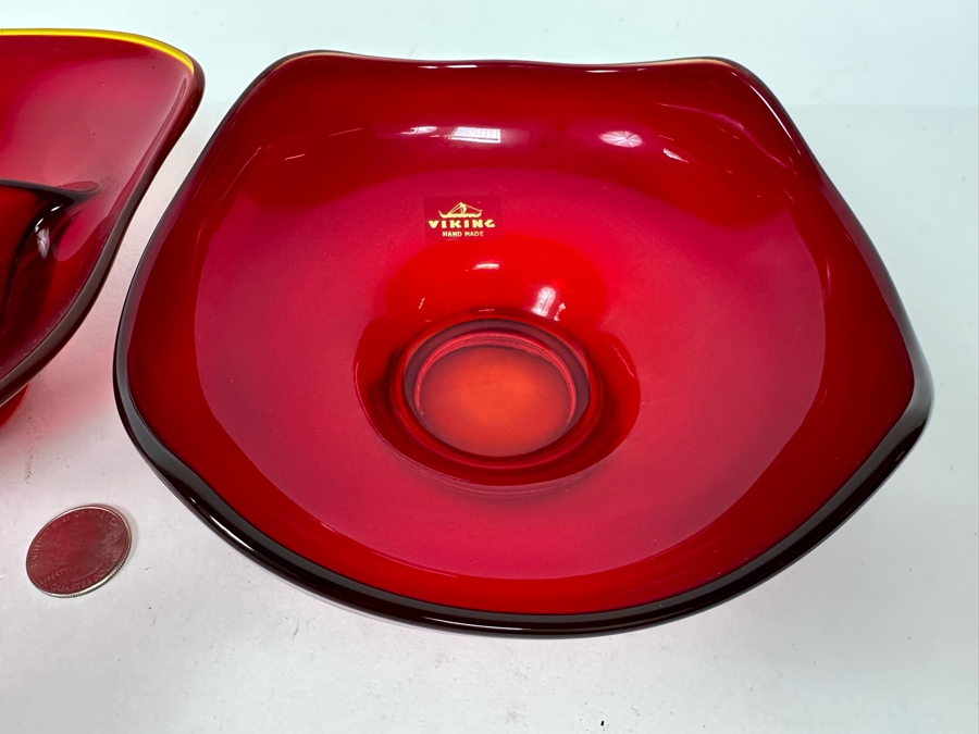 Pair Of Vintage Red Viking Glass Bowls 8W And 6.5W [Photo 9]