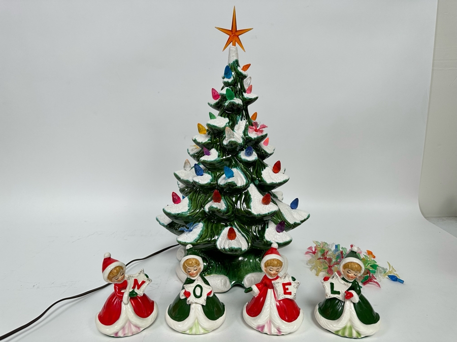 Vintage Ceramic Lighted Christmas Tree By Atlantic Mold Stella 1979 With Four NOEL Figurines [Photo 2]