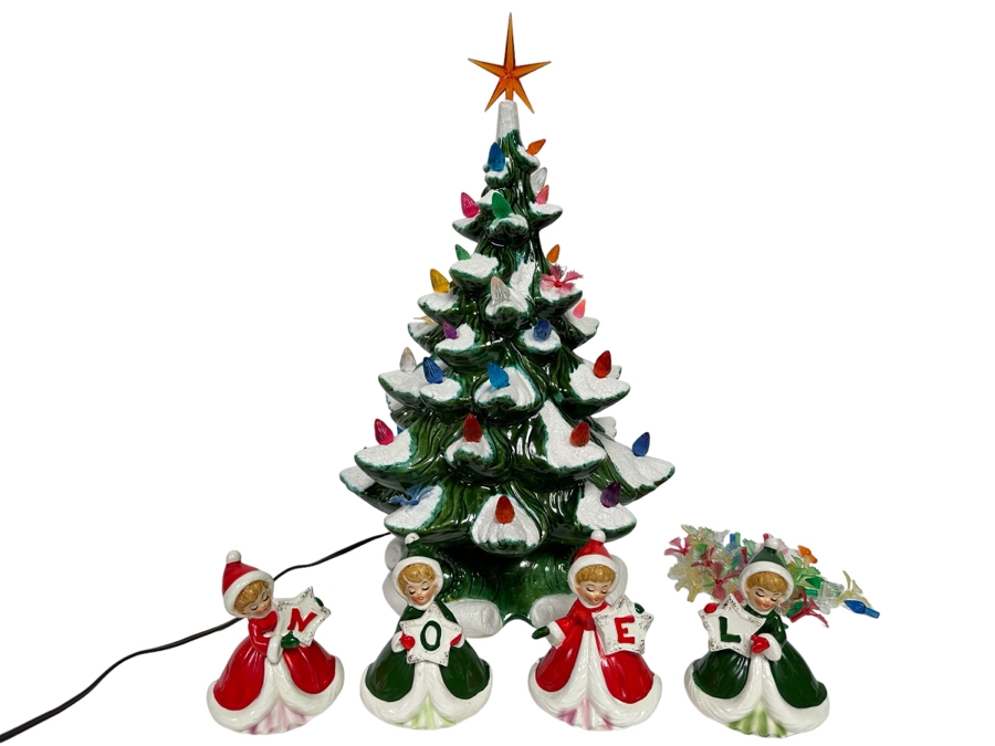 Vintage Ceramic Lighted Christmas Tree By Atlantic Mold Stella 1979 With Four NOEL Figurines [Photo 1]