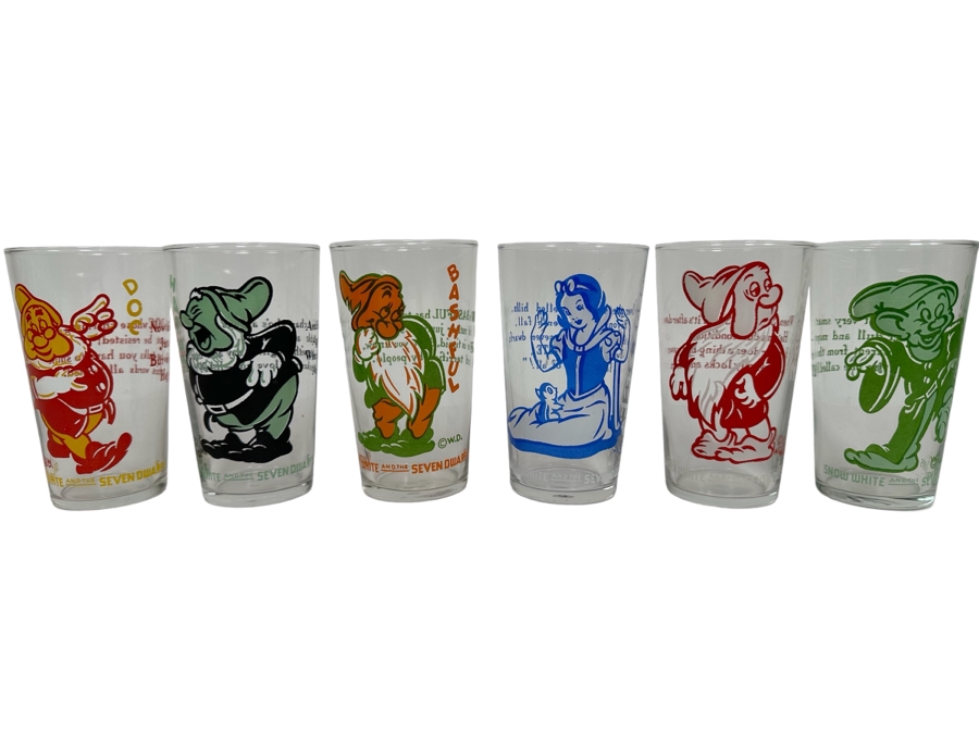 Vintage Set Of Six Snow White And The Seven Dwarfs Glasses 4.5H [Photo 1]