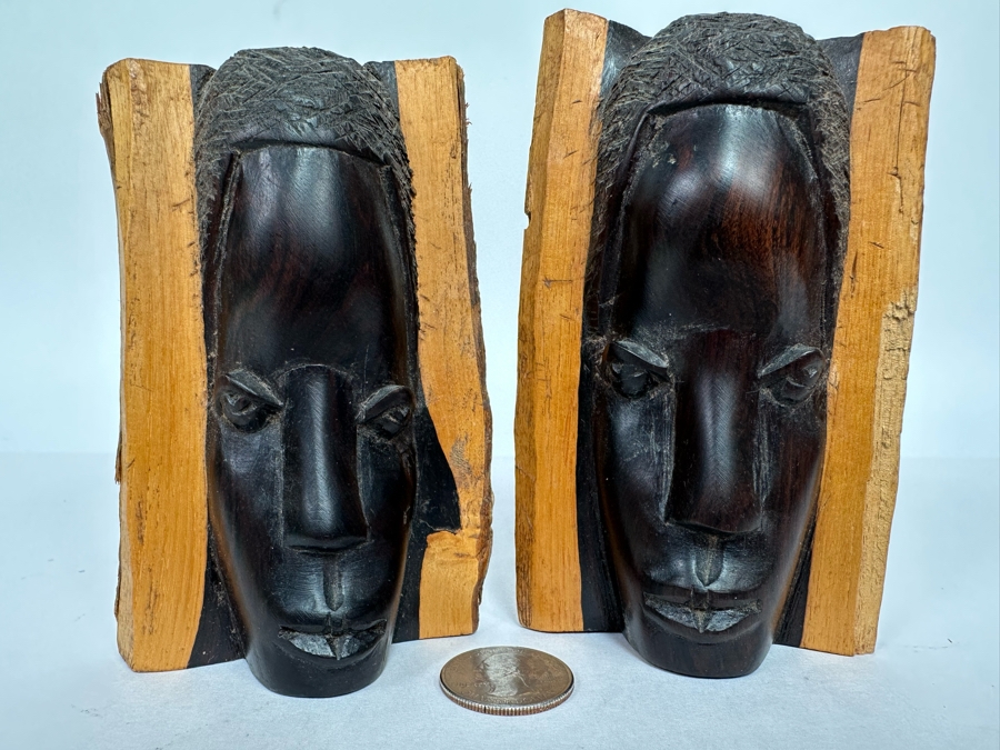 Pair Of Carved Hardwood African Busts 5H [Photo 3]