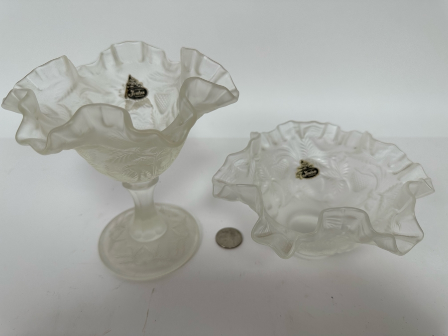 Pair Of Vintage Fenton Frosted Ruffled Strawberry Pattern Glass Bowls 6H And 3H [Photo 2]