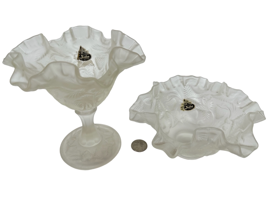Pair Of Vintage Fenton Frosted Ruffled Strawberry Pattern Glass Bowls 6H And 3H [Photo 1]