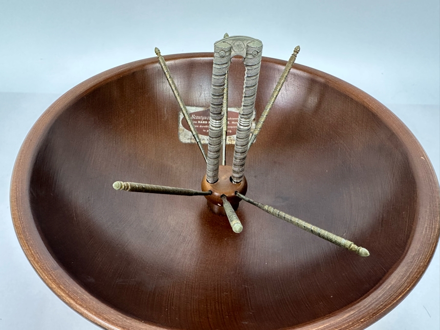 Mid-Century Modern Beautywood Nut Bowl With Nutcracker And Set Of Six Nut Picks Hard Rock Maple By Premier Mfg Co Chicago 11W X 4H [Photo 5]