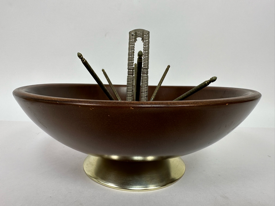 Mid-Century Modern Beautywood Nut Bowl With Nutcracker And Set Of Six Nut Picks Hard Rock Maple By Premier Mfg Co Chicago 11W X 4H [Photo 4]