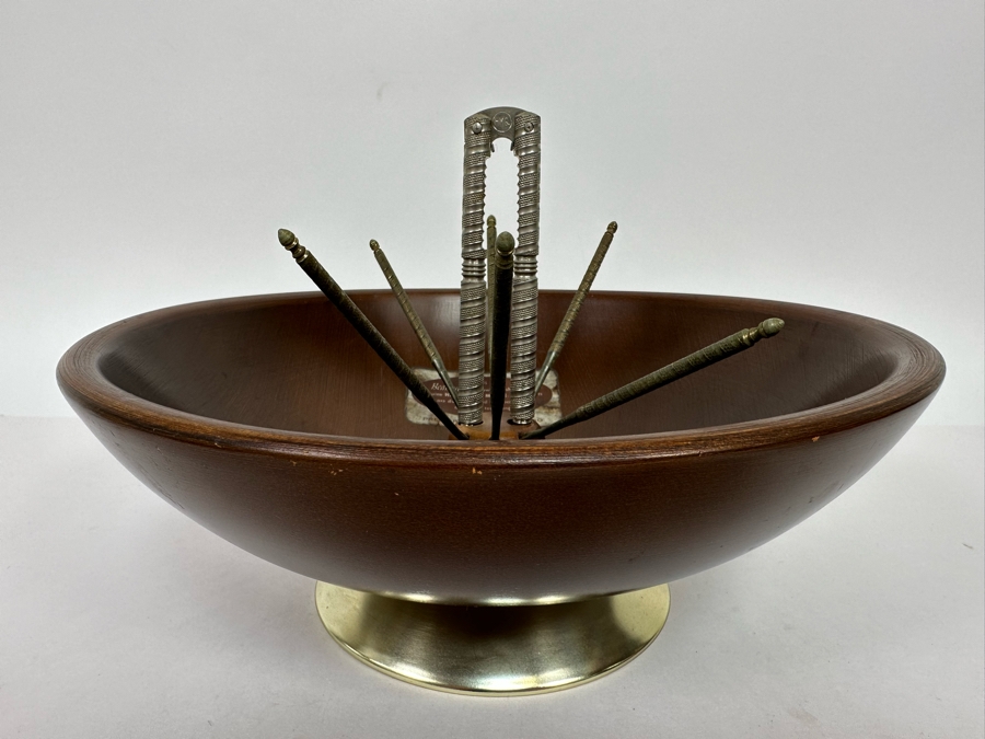 Mid-Century Modern Beautywood Nut Bowl With Nutcracker And Set Of Six Nut Picks Hard Rock Maple By Premier Mfg Co Chicago 11W X 4H [Photo 3]
