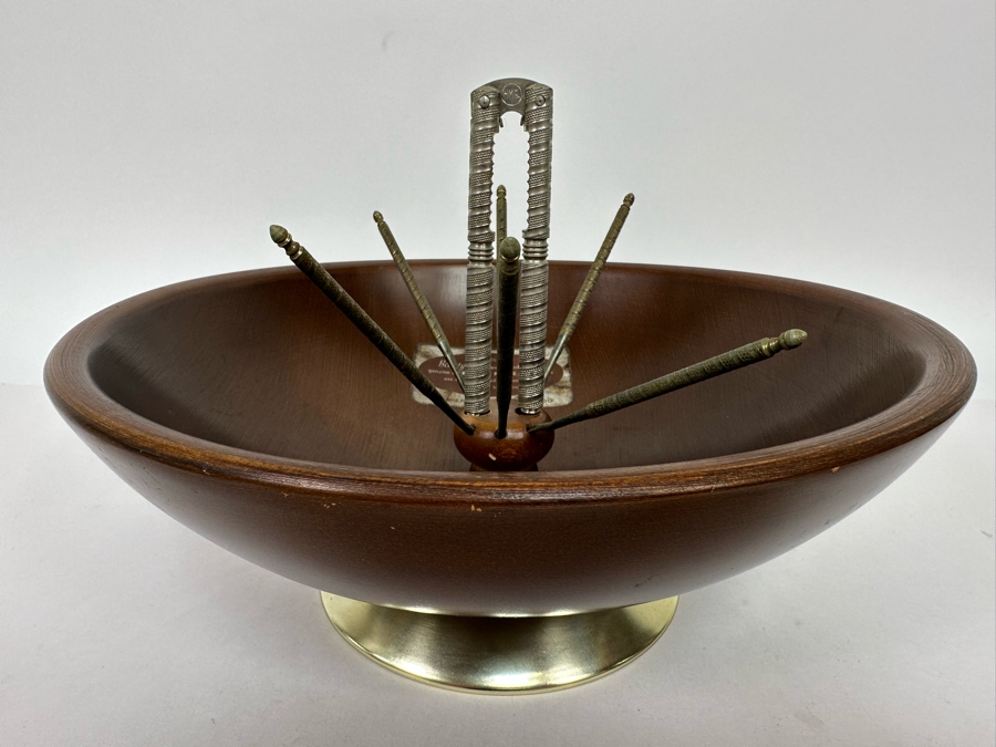 Mid-Century Modern Beautywood Nut Bowl With Nutcracker And Set Of Six Nut Picks Hard Rock Maple By Premier Mfg Co Chicago 11W X 4H [Photo 2]