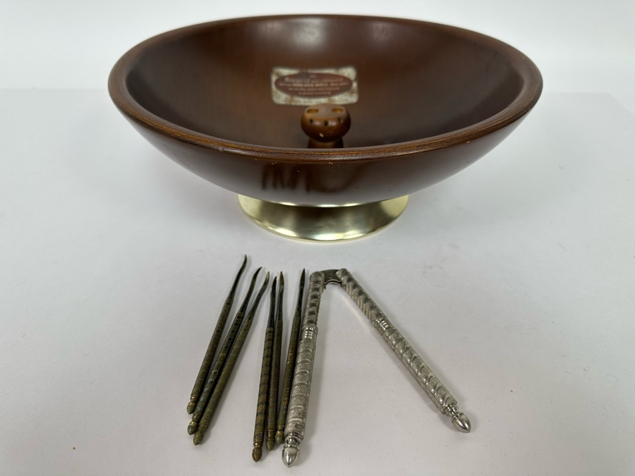 Mid-Century Modern Beautywood Nut Bowl With Nutcracker And Set Of Six Nut Picks Hard Rock Maple By Premier Mfg Co Chicago 11W X 4H [Photo 7]