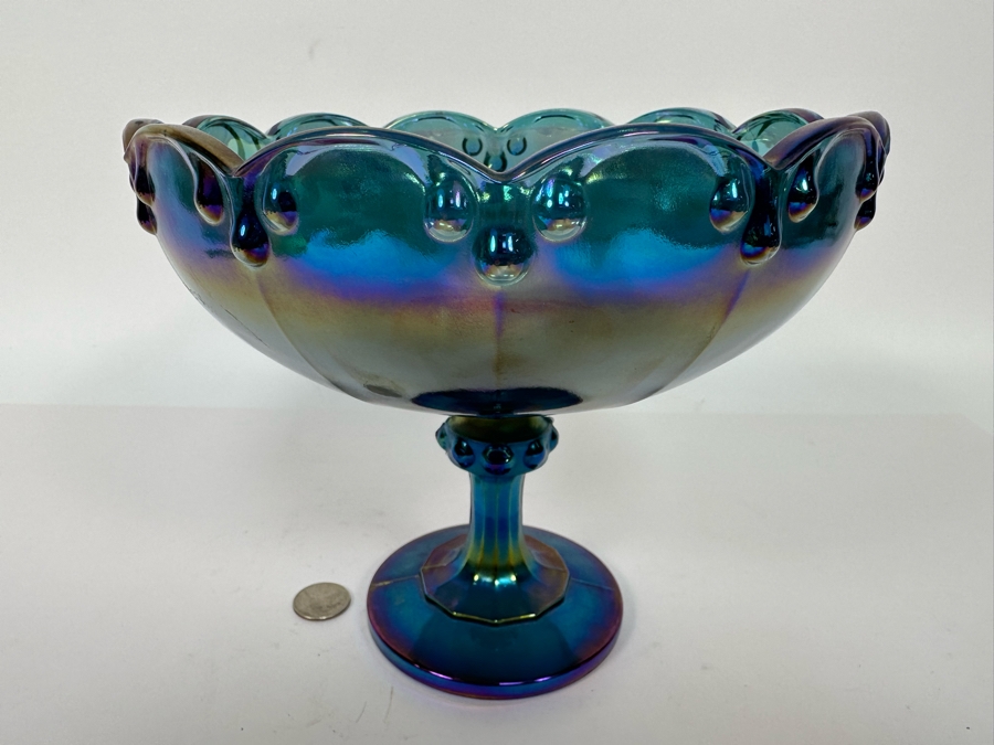Blue Iridescent Carnival Glass Compote Footed Bowl 8.5W X 7.25H [Photo 2]