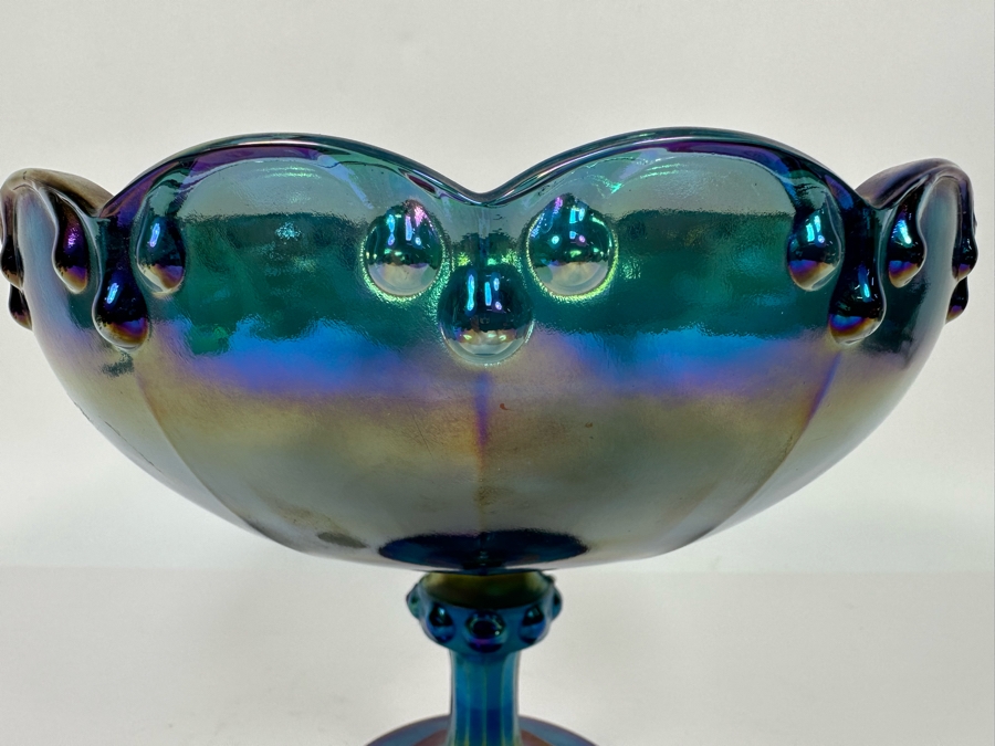 Blue Iridescent Carnival Glass Compote Footed Bowl 8.5W X 7.25H