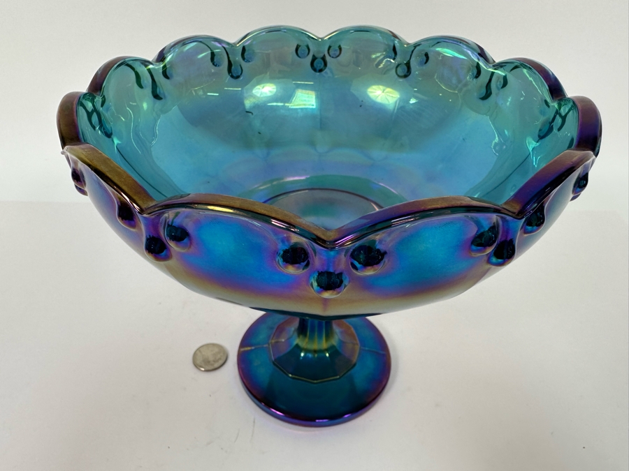 Blue Iridescent Carnival Glass Compote Footed Bowl 8.5W X 7.25H [Photo 4]