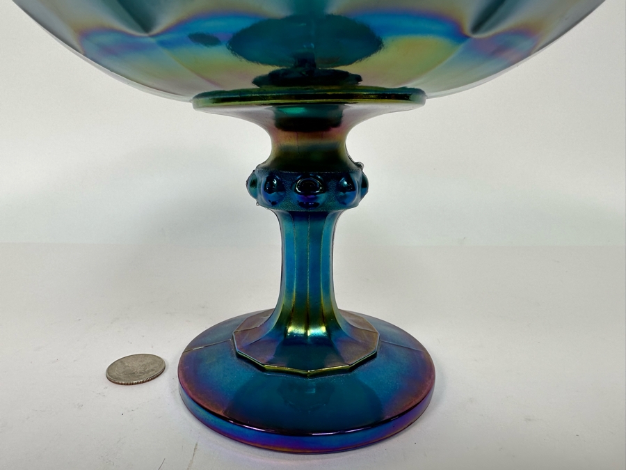 Blue Iridescent Carnival Glass Compote Footed Bowl 8.5W X 7.25H [Photo 6]