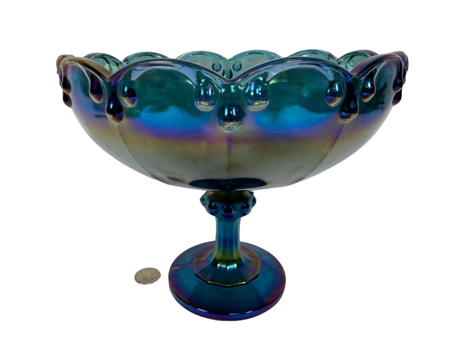 Blue Iridescent Carnival Glass Compote Footed Bowl 8.5W X 7.25H [Photo 1]