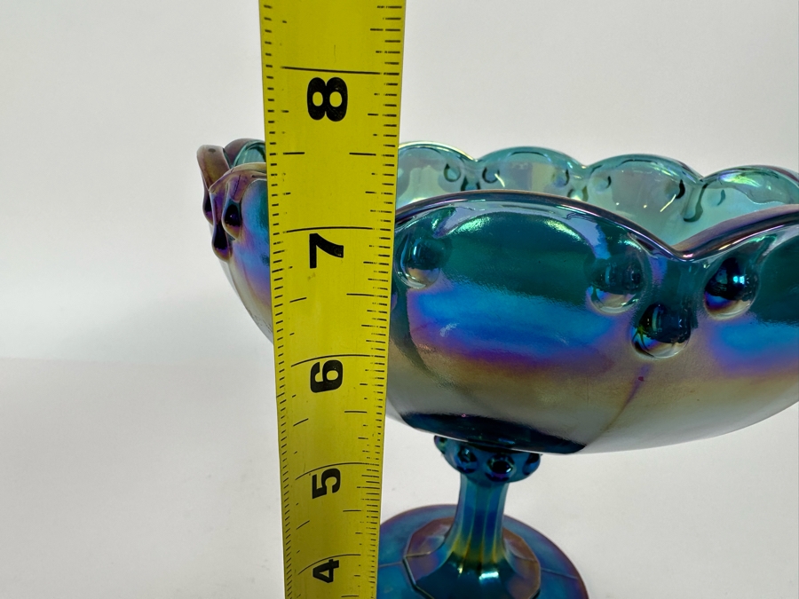 Blue Iridescent Carnival Glass Compote Footed Bowl 8.5W X 7.25H [Photo 9]