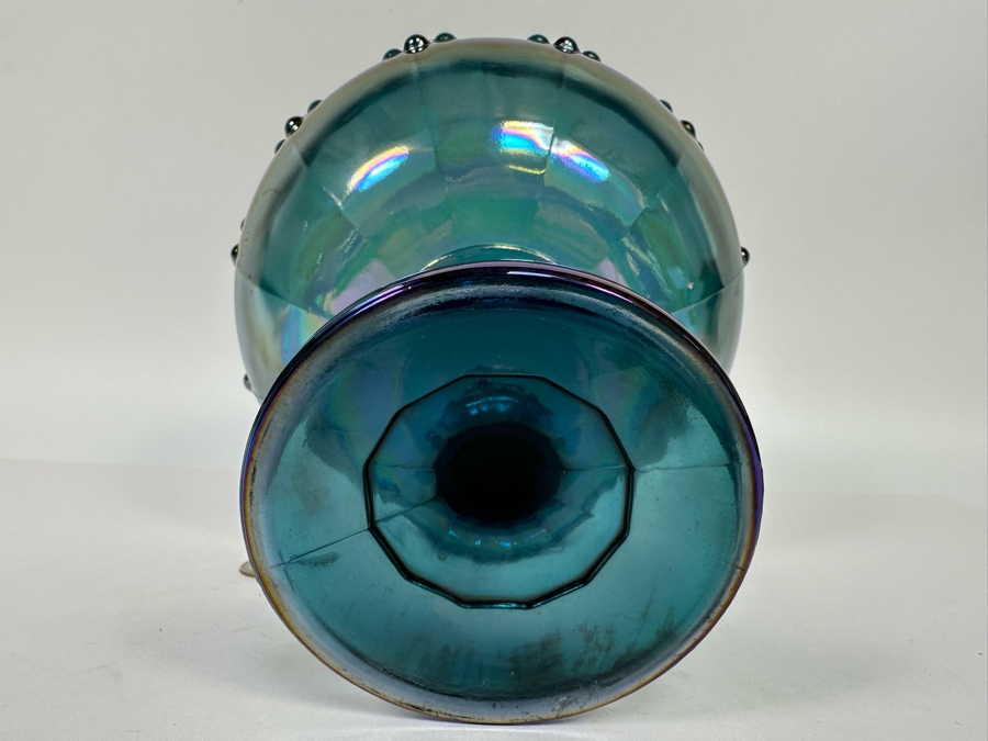 Blue Iridescent Carnival Glass Compote Footed Bowl 8.5W X 7.25H [Photo 7]