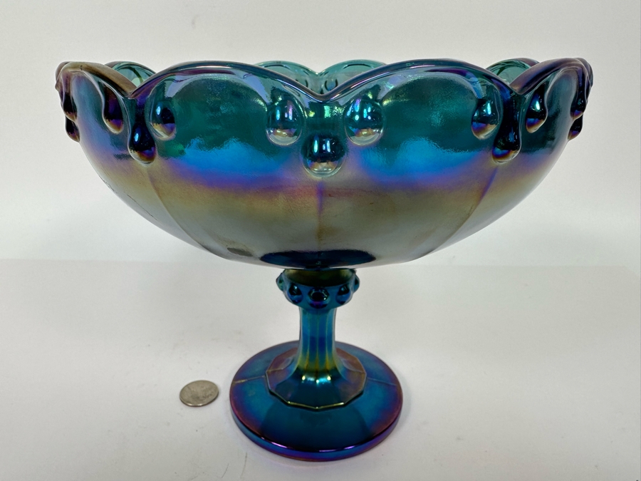 Blue Iridescent Carnival Glass Compote Footed Bowl 8.5W X 7.25H [Photo 3]