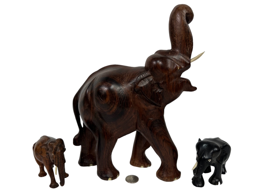 Three Carved Wooden Elephants Largest Is 12H