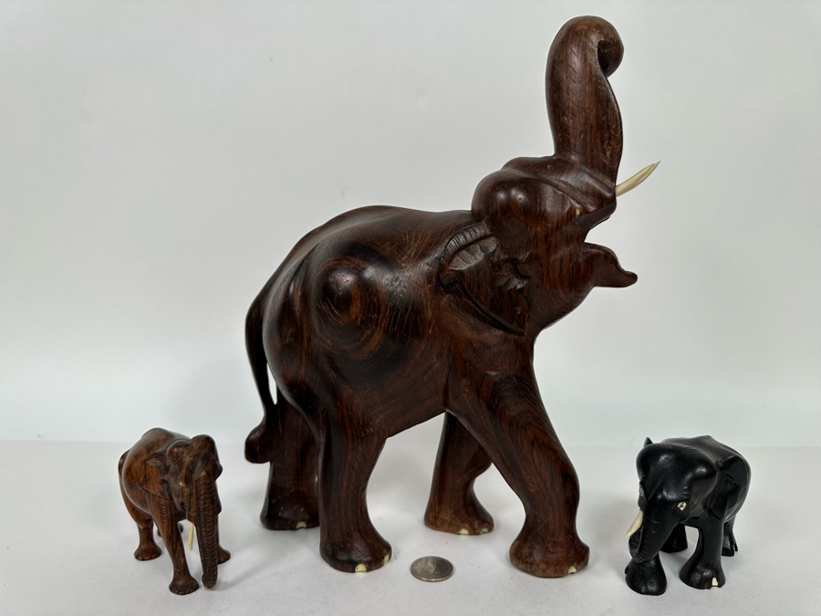 Three Carved Wooden Elephants Largest Is 12H [Photo 2]