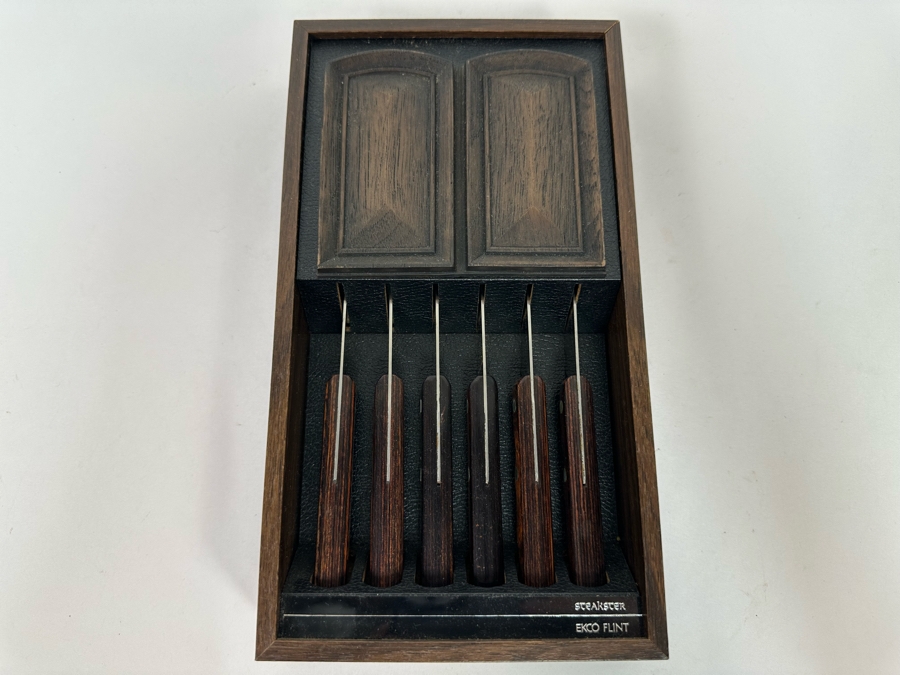 Ekco Flint Steakster Stainless Vanadium Steak Knives With Rosewood Handles And Wall Mounted Display Case 5.5W X 10H [Photo 3]