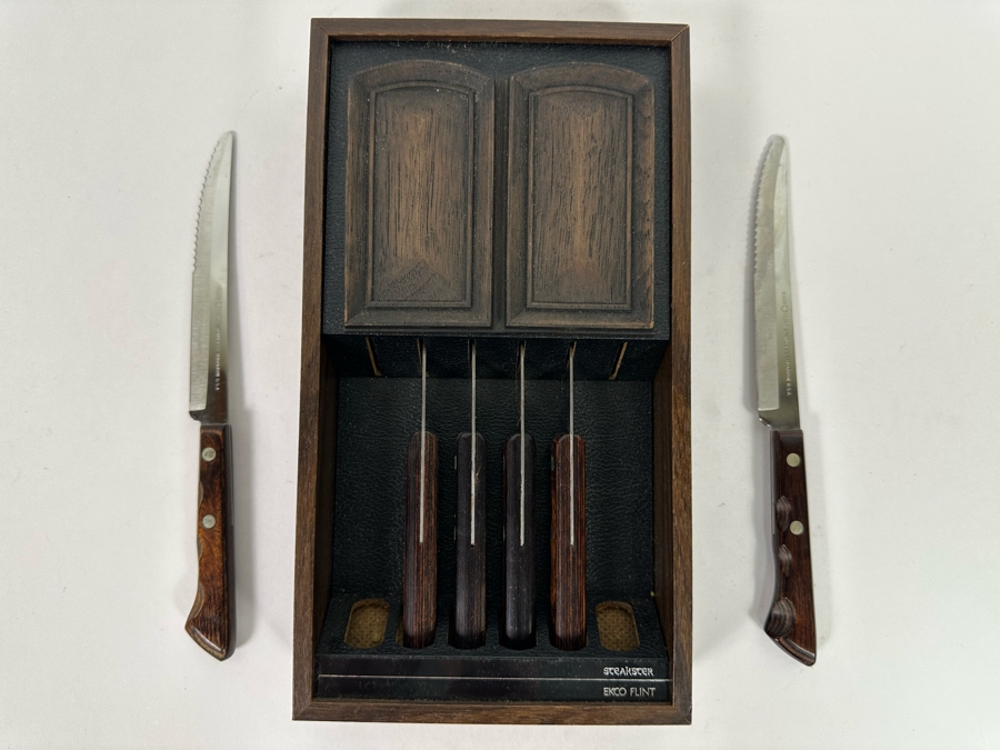 Ekco Flint Steakster Stainless Vanadium Steak Knives With Rosewood Handles And Wall Mounted Display Case 5.5W X 10H [Photo 6]