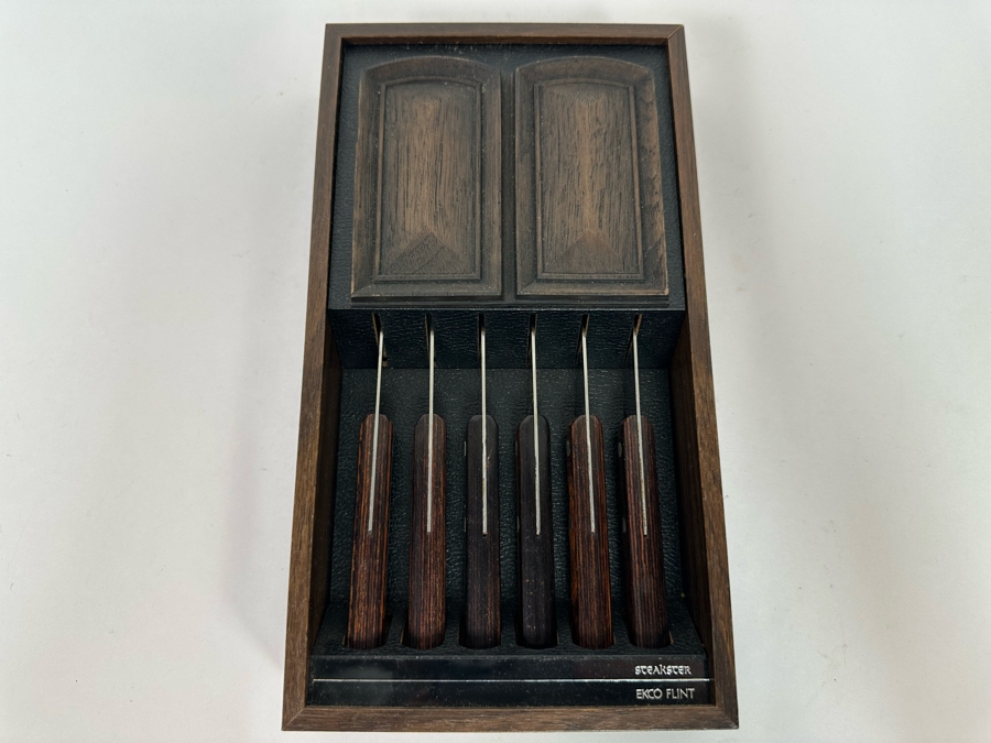 Ekco Flint Steakster Stainless Vanadium Steak Knives With Rosewood Handles And Wall Mounted Display Case 5.5W X 10H [Photo 2]