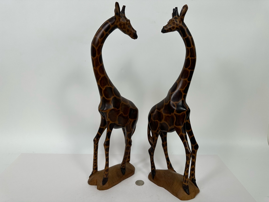 Pair Of Carved Wooden Giraffes 18H