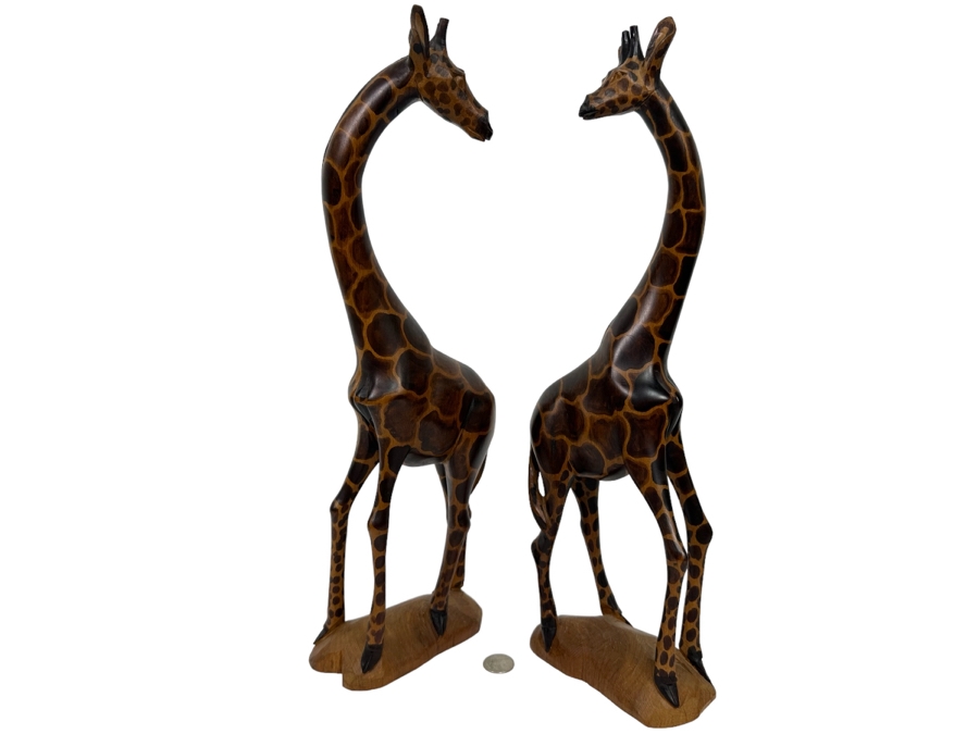 Pair Of Carved Wooden Giraffes 18H