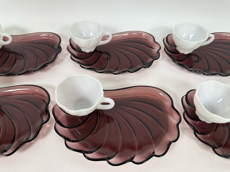 Set Of Six Vintage Hazelware Alpine Amethyst / White Glass Snack Sets Swirl Seashell Design 10W X 7D [Photo 3]