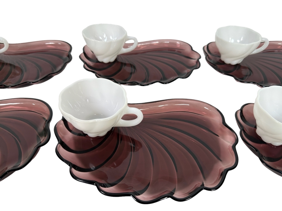 Set Of Six Vintage Hazelware Alpine Amethyst / White Glass Snack Sets Swirl Seashell Design 10W X 7D