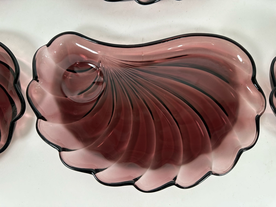 Set Of Six Vintage Hazelware Alpine Amethyst / White Glass Snack Sets Swirl Seashell Design 10W X 7D [Photo 7]
