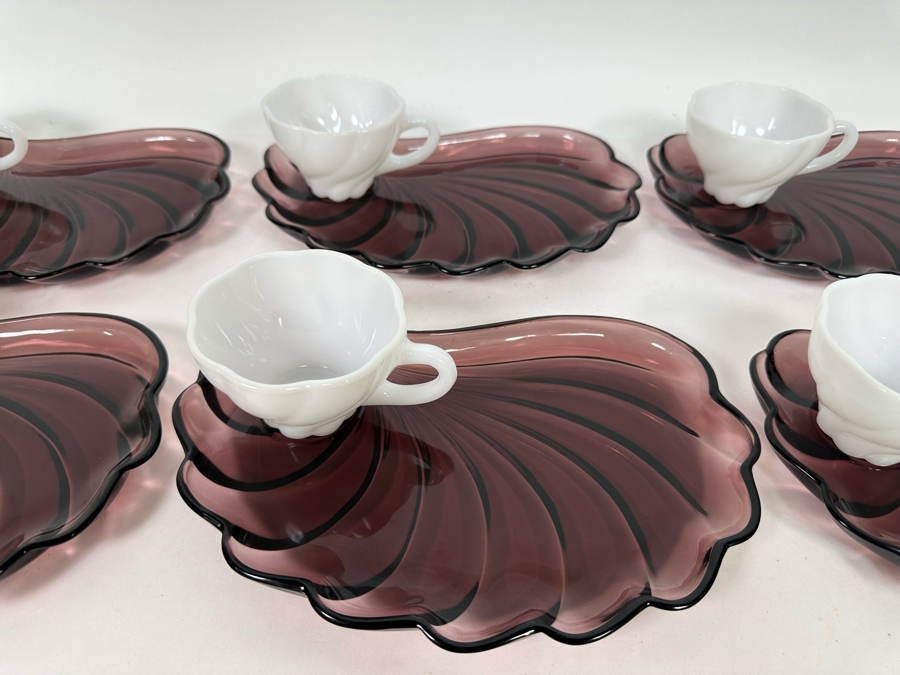 Set Of Six Vintage Hazelware Alpine Amethyst / White Glass Snack Sets Swirl Seashell Design 10W X 7D [Photo 4]
