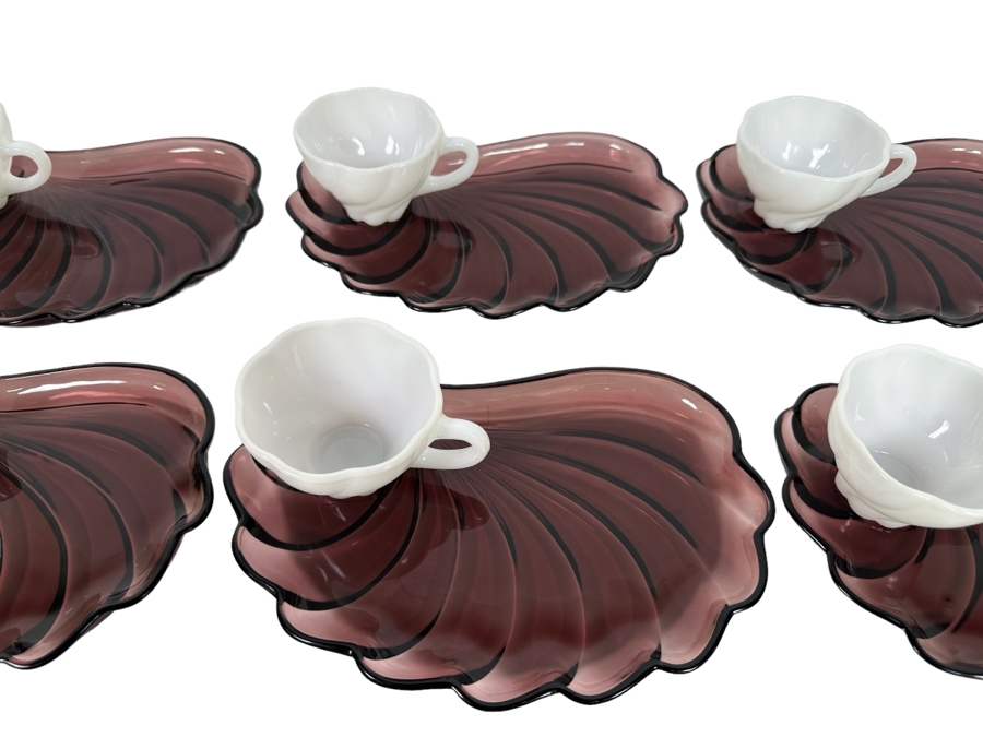 Set Of Six Vintage Hazelware Alpine Amethyst / White Glass Snack Sets Swirl Seashell Design 10W X 7D [Photo 2]