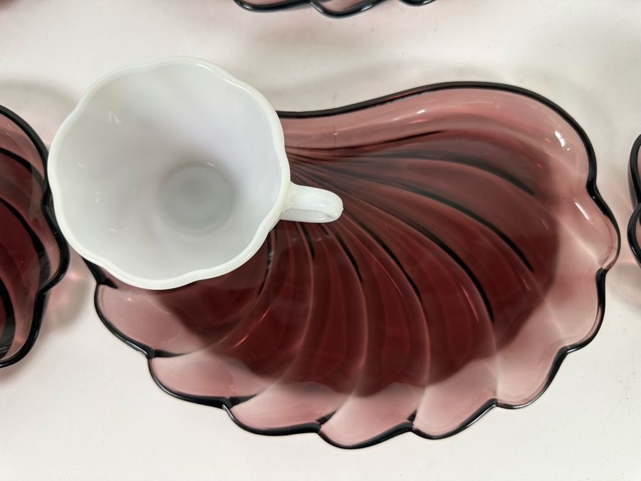 Set Of Six Vintage Hazelware Alpine Amethyst / White Glass Snack Sets Swirl Seashell Design 10W X 7D [Photo 6]