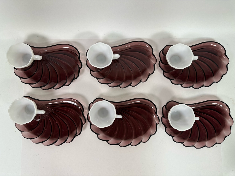 Set Of Six Vintage Hazelware Alpine Amethyst / White Glass Snack Sets Swirl Seashell Design 10W X 7D [Photo 5]