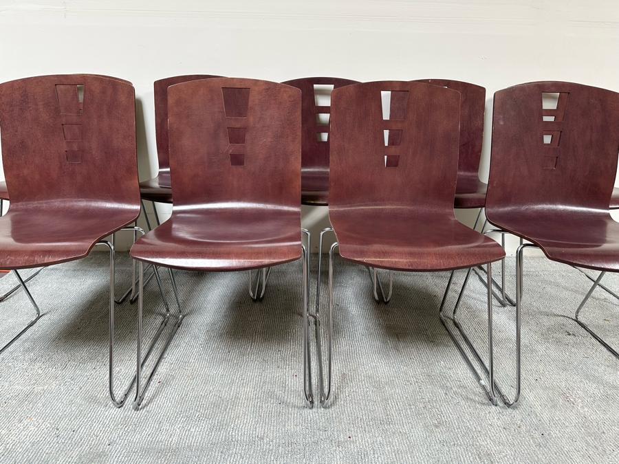 Set Of Nine Vintage Bent Plywood And Chrome Stacking Chairs By Jasper