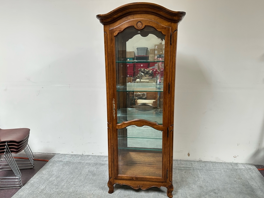 Ethan Allen Wooden Curio Display Cabinet With Back Mirror And Side Glass Overhead Lighting 28W X 15D X 80H [Photo 3]