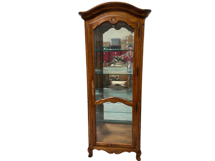Ethan Allen Wooden Curio Display Cabinet With Back Mirror And Side Glass Overhead Lighting 28W X 15D X 80H [Photo 1]