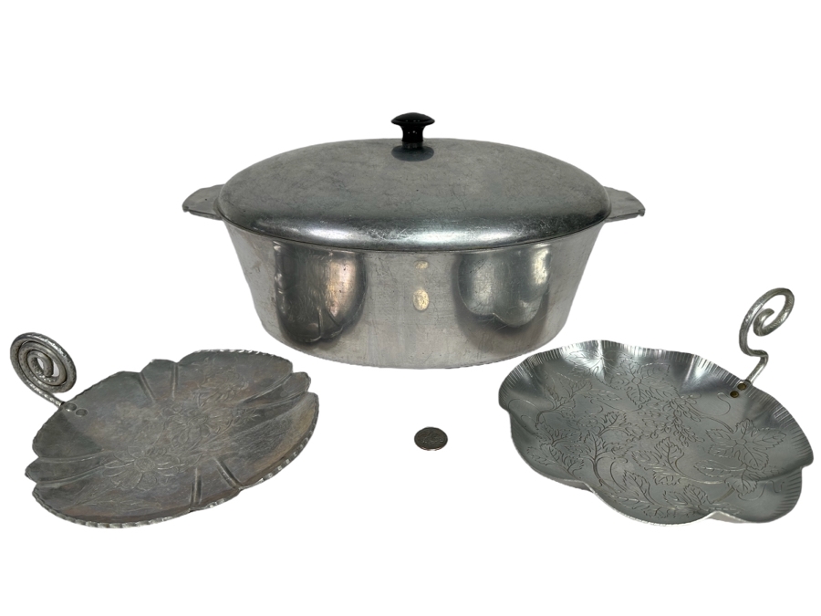 Pair Of Farber & Shlevin Hand Wrought Aluminum Trays Dishes 9.5W And American Healthcraft Large Aluminum Dutch Oven 16W