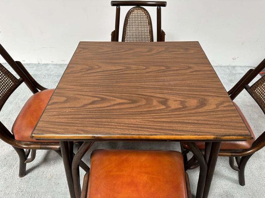 Vintage Mid-Century Chinoiserie Square Bamboo Dining Card Table 31W X 26.5H With Four Bamboo Chairs [Photo 6]
