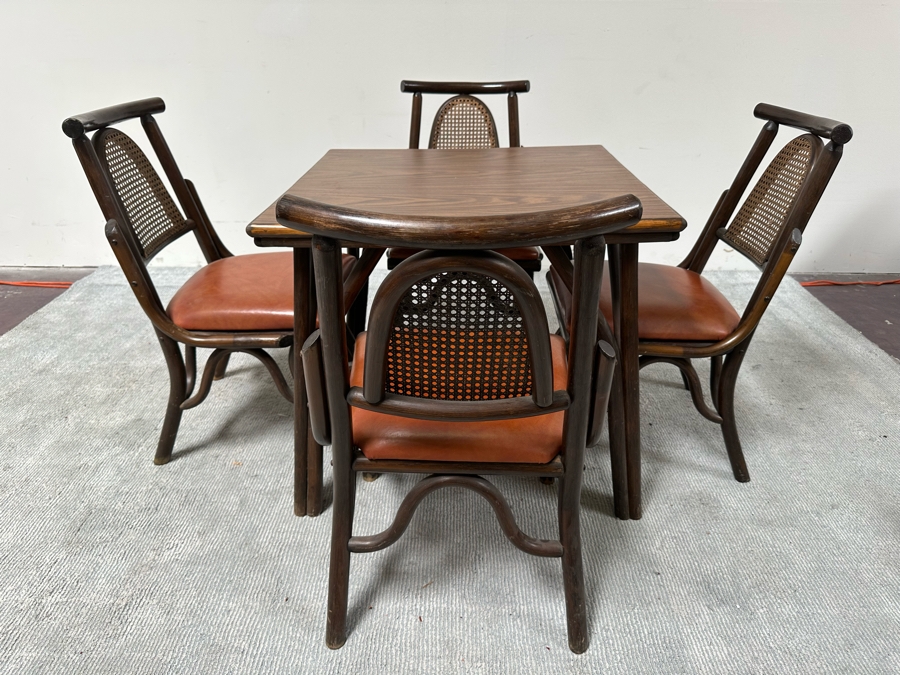 Vintage Mid-Century Chinoiserie Square Bamboo Dining Card Table 31W X 26.5H With Four Bamboo Chairs [Photo 3]