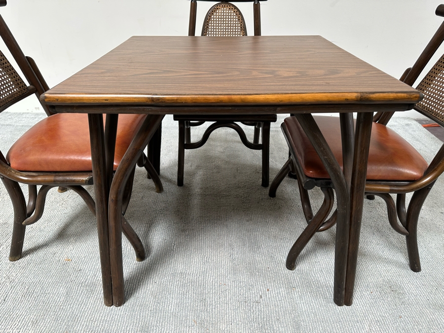 Vintage Mid-Century Chinoiserie Square Bamboo Dining Card Table 31W X 26.5H With Four Bamboo Chairs [Photo 7]