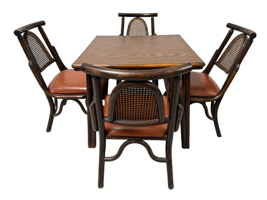 Vintage Mid-Century Chinoiserie Square Bamboo Dining Card Table 31W X 26.5H With Four Bamboo Chairs
